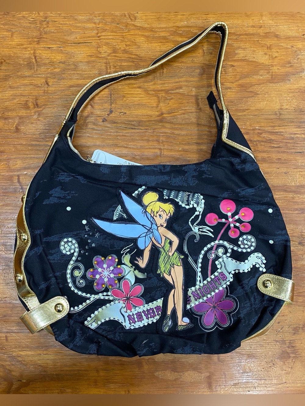 NWT Disney Tinker Bell Black Tote with Gold Trim